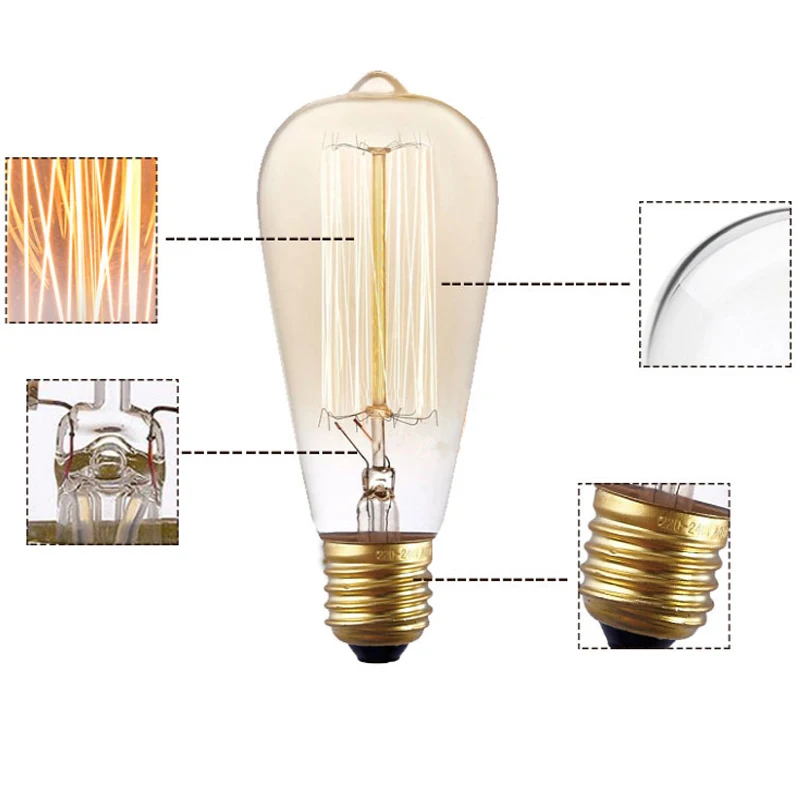 Ретро лампа Эдисона ST64 G80 A19 E27 Ampoule винтажная накаливания Eidson 220v 40w колба в виде