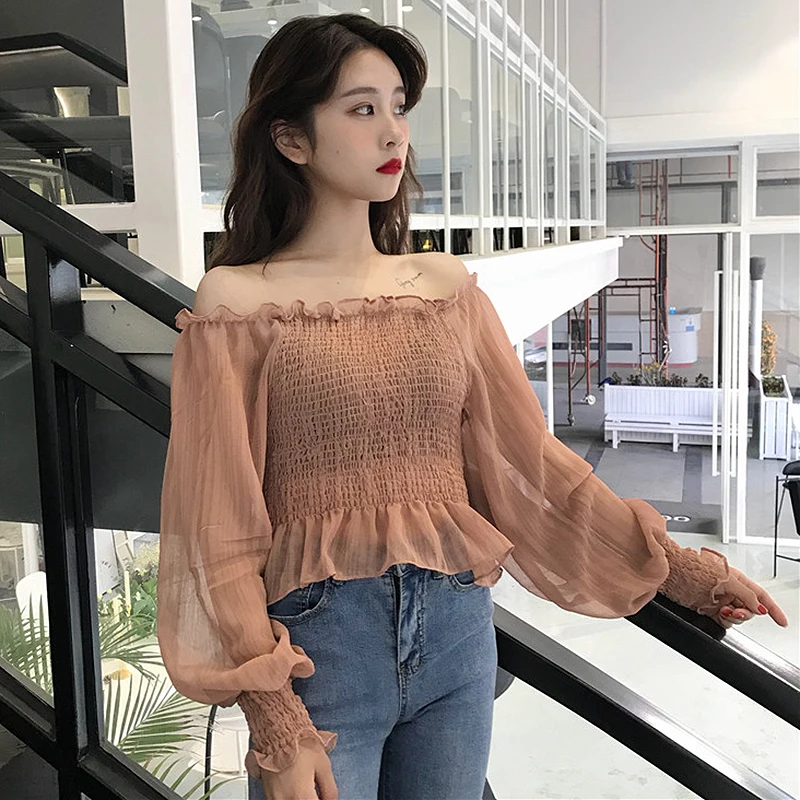  2019 Harajuku Off Shoulder Blouse Shirt Women Long Puff Sleeve Ruffles Womens Crop Tops korean Summ