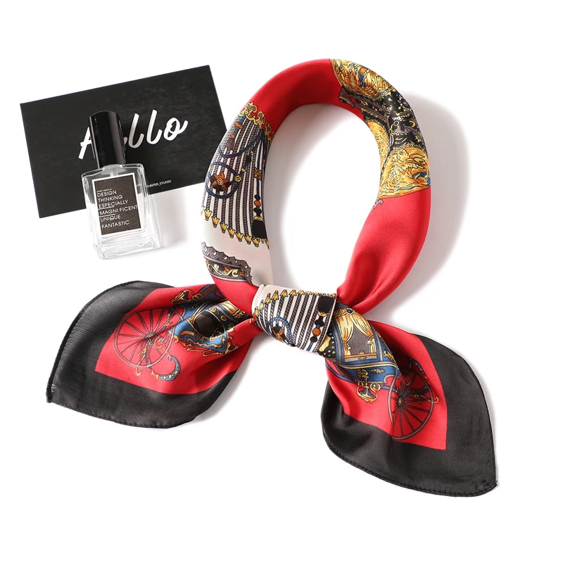 Роскошный брендовый Элегантный женский квадратный шелковый шарф на шею, атласный шарф, обтягивающий Ретро галстук для волос, небольшой модный квадратный шарф 70x70 см - Цвет: FJ08 red black