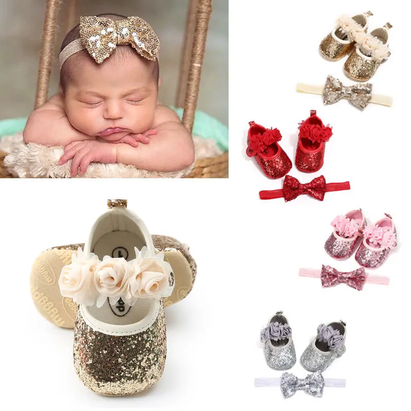 Zapatos de cuna de verano para bebés y niños recién nacidos, calzado plano Floral con lentejuelas gancho de zapatos de princesa + diadema, 3 estilos, 2 uds. - AliExpress