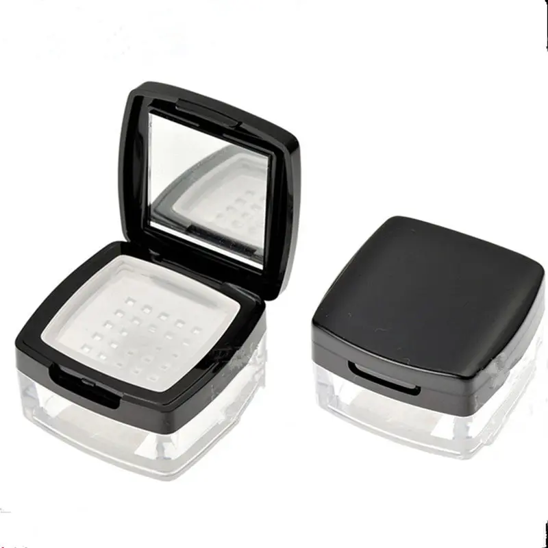 10g Empty Black Loose Powder Case with Mirror, Square Loose Powder Box
