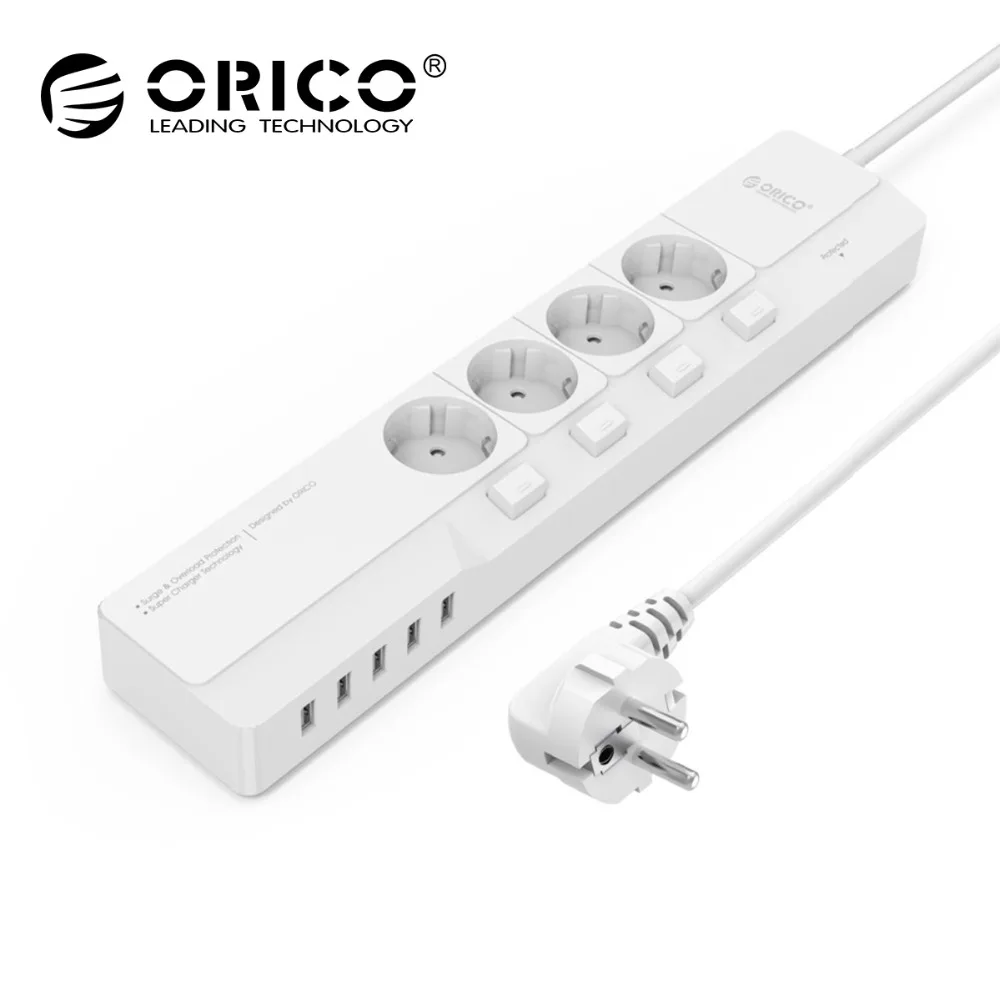 Дешево ORICO стабилизатор напряжения мощность полосы с 5 USB зарядное устройство 4 AC ЕС Plug Multi Outlet путешествия мощность полосы OSJ 4A5U