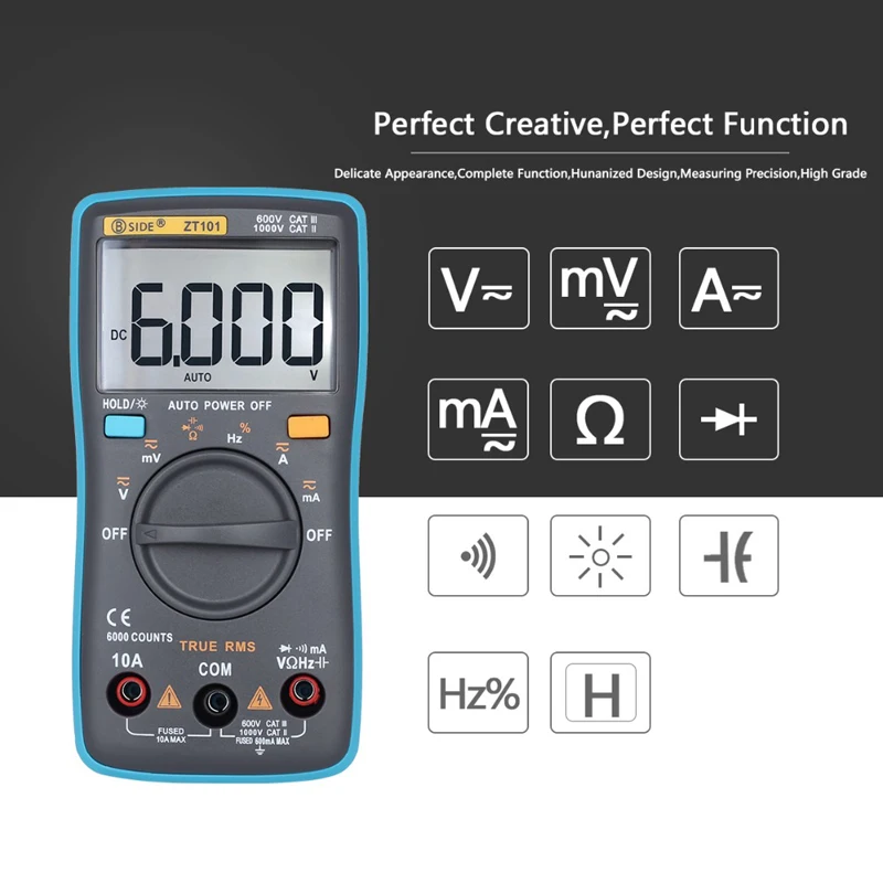 Цифровой мультиметр BSIDE ZT101 302 True RMS Автоматический диапазон Multimetro Вольтметр Амперметр емкость температура Ом Гц NCV тестер