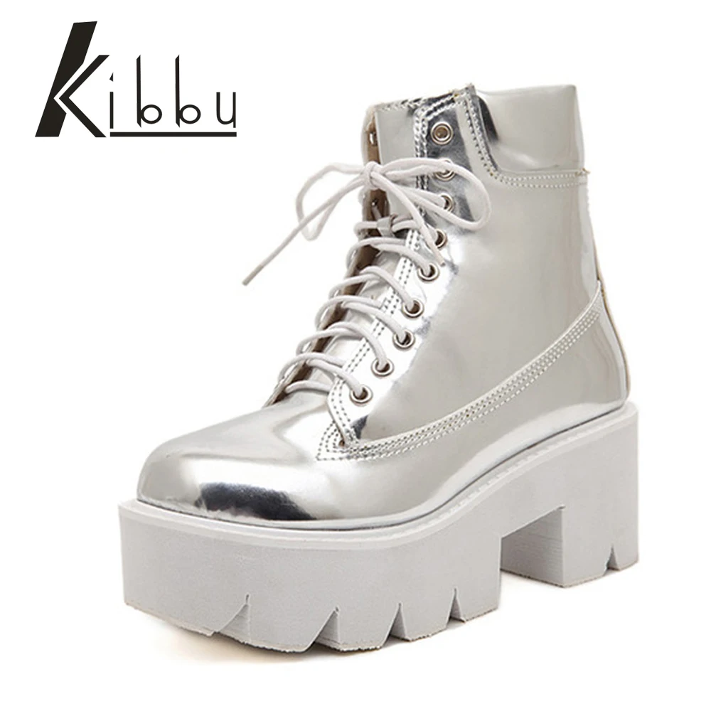 

KIBBU Lace Up High Heels Women Punk Style Ankle Boots Thick Bottom Platform Shoes European Motorcycle Leather Boots 6 colors
