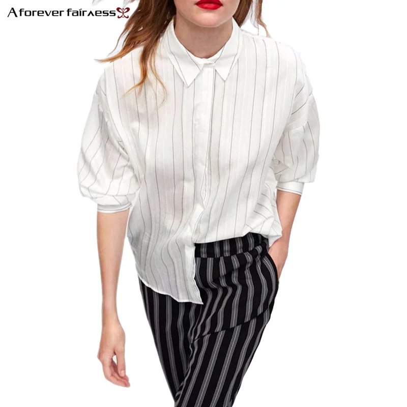 A Forever 2018 Autumn New Women Casual Black White Striped Long Sleeve