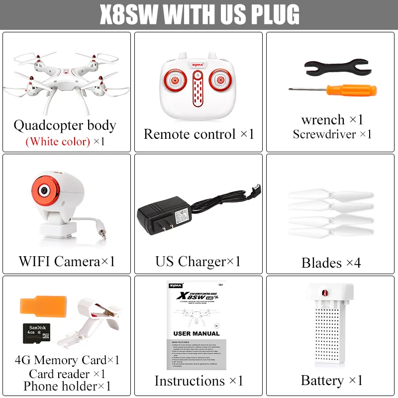 Квадрокоптер Syma X8SC X8SW WiFi FPV с барометром и функцией возврата 2.4GHz - Цвет: X8SW-US