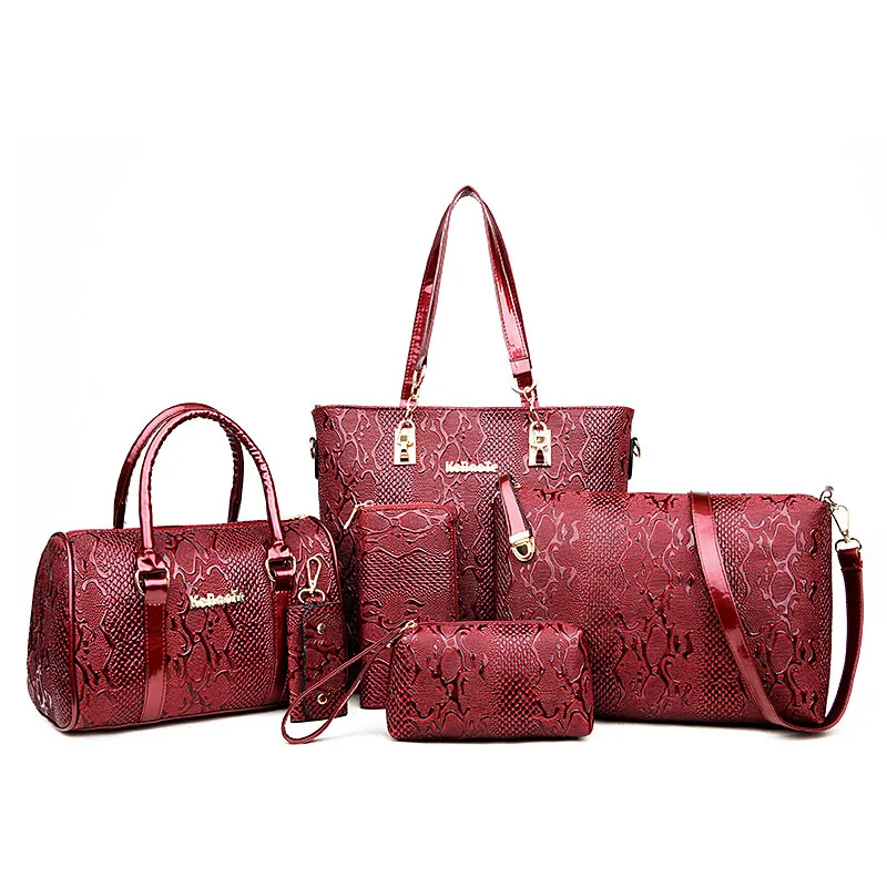 

Brands High Quality Serpentine Pattern PU Leather Women Tote+Shoulder/Messenger+Clutch Composite Bags 6 Pieces Sets Bolsos Mujer