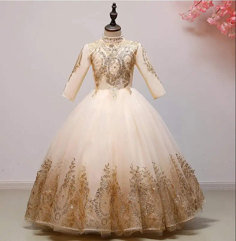Детское платье с блестками, Золотое кружевное платье для девочек на выпускной, принцесса вечернее платье с длинными рукавами, платья с цветочным узором для девочек нарядные вечерние бальные платья на свадьбу
