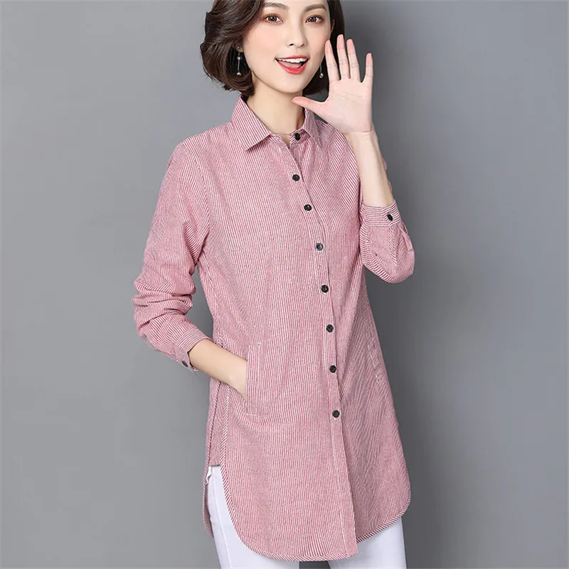 VogorSean Для женщин полосатая блуза рубашки Демисезонный для Леди Рабочая Топы с длинными рукавами Женская мода Костюмы Blusas Плюс Размеры - Цвет: Розовый