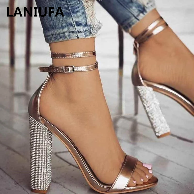 new Women Heeled Sandals Bandage Rhinestone Ankle Strap Pumps Super High Heels Square Heels dress Lady Shoes plus size 34-43 &21