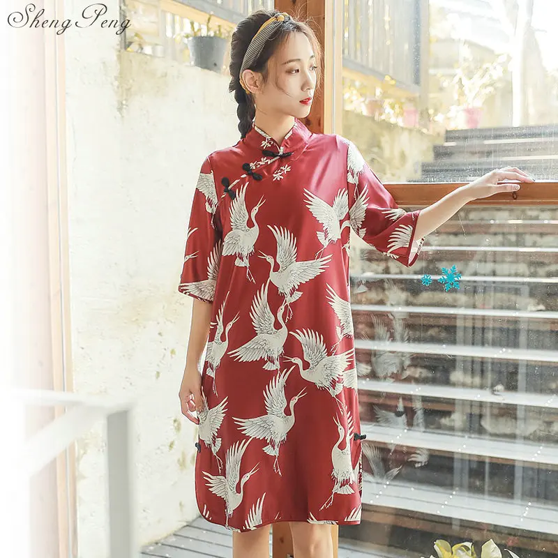 Новинка г., Ретро стиль, свободный Улучшенный чёнсам, пуговицы в китайском стиле, половина рукава, красное китайское платье для женщин, V1501