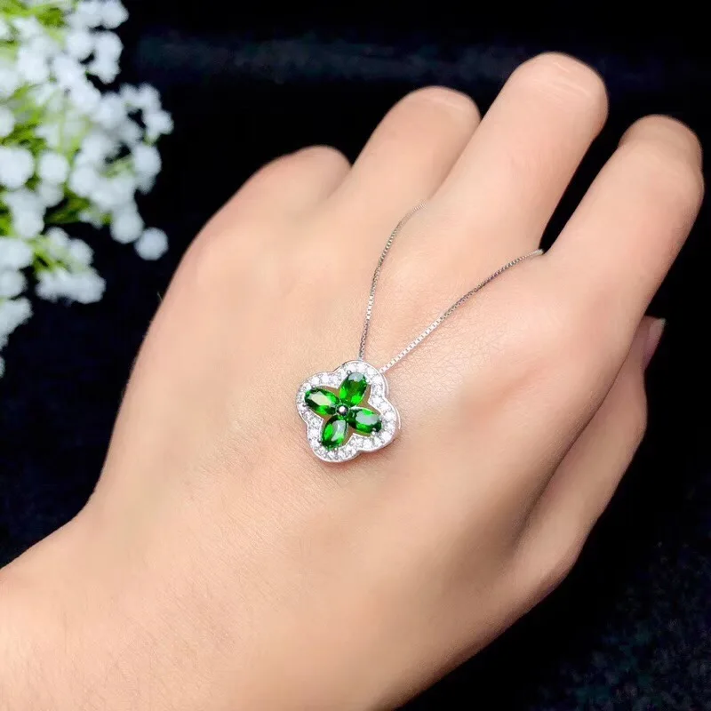 Natural diopside necklace, classic clover style, 925 Sterling silver, simple and beautiful