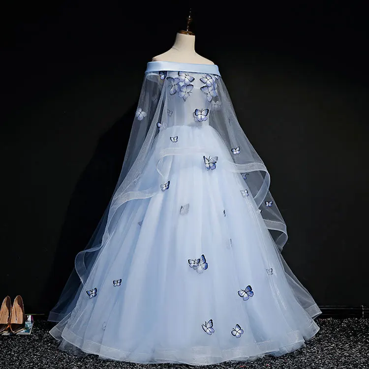 

Ho Light Blue Slash Shoulder Veil Butterfy Gown Medieval Dress Renaissance Gown Royal Victoria Dress/princess Cosplay Belle Ball
