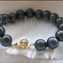 " Подлинная Природный 12 мм черный Круглый браслет перлы 14KGP# f1268! Благородный стиль Природный Изысканные jewe Быстро