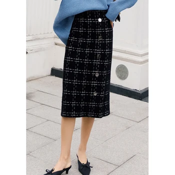

Rabbit Hair Midi Skirt Women Single-breasted Front Pencil Skirts Womens Bodycon Knit Skirt High Waist Slim Sheath One Step Skirt