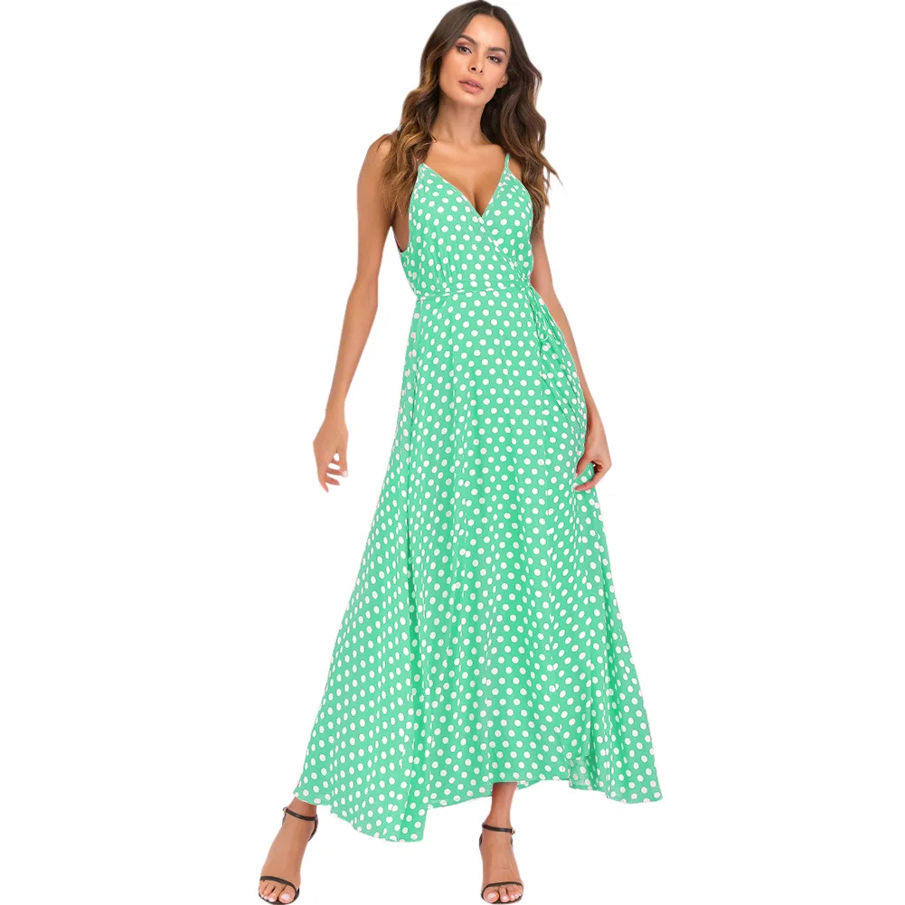 

Plus Size 3XL 4XL 5XL Women Polka Dot Dress Sexy Slip Maxi Dress High Split Spaghetti Strap V Neck 2019 Summer Beach Long Dress