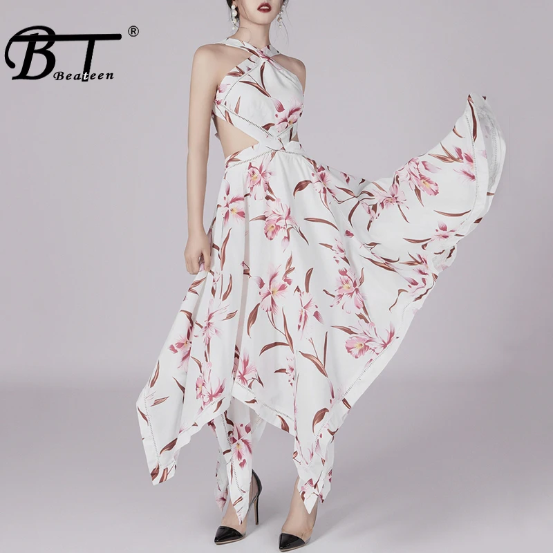 

Beateen 2019 Summer New Halter Hollow Out Backless A-Line Printed Outing Dress Women Ankle Length Hemilne Uneven Party Dress
