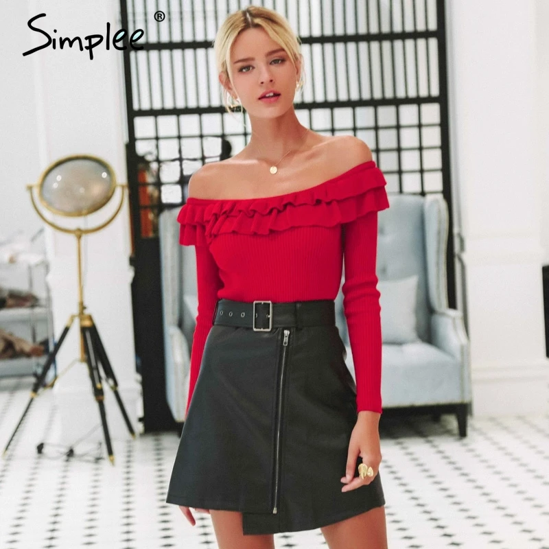 

Simplee Sexy off shoulder women sweater Elegant ruffles long sleeve autumn winter pullover thick female jumper 2018 streetwear