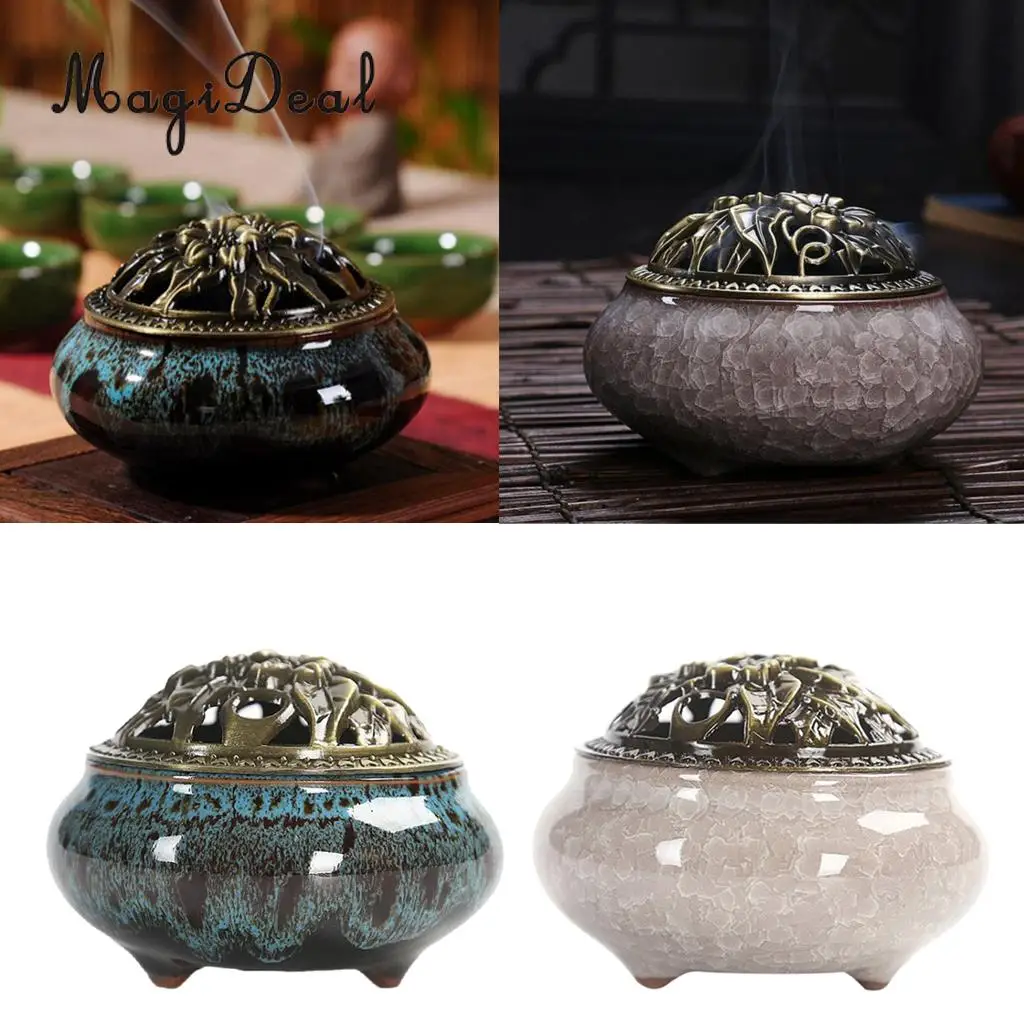 2x Cone Incense Burner with Alloy Cover Chinese Traditional Porcelain Sandalwood Censer Ceramic Incense Ash Catcher Tray Bowl