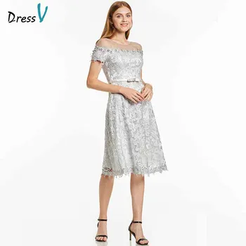 

Dressv silver elegant homecoming dress a line scoop neck short sleeves zipper up knee length homecoming&graduation dresses