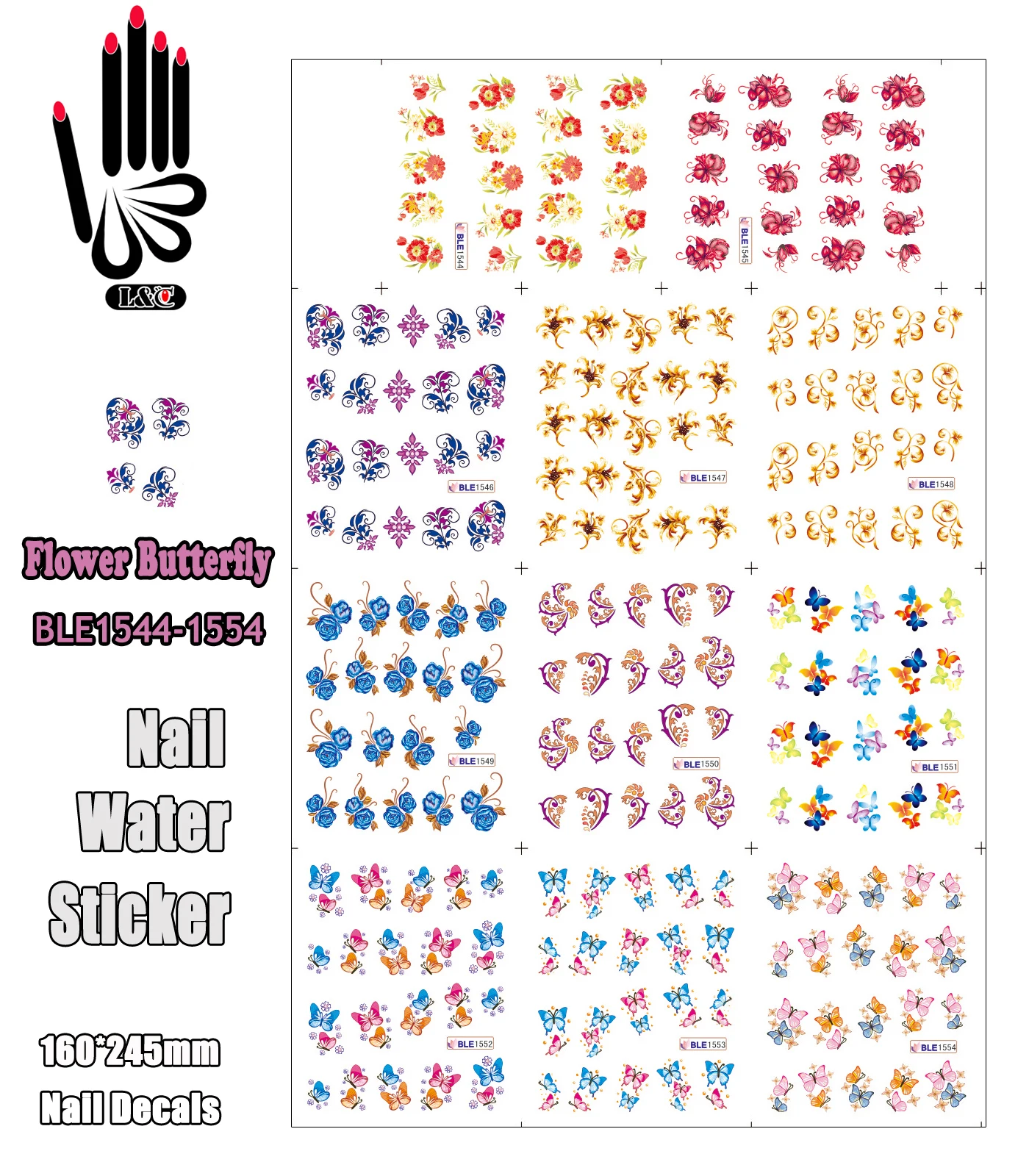 11 Sheets/lot Nail Water Decal Ble15441554 Flower Nail Art Water
