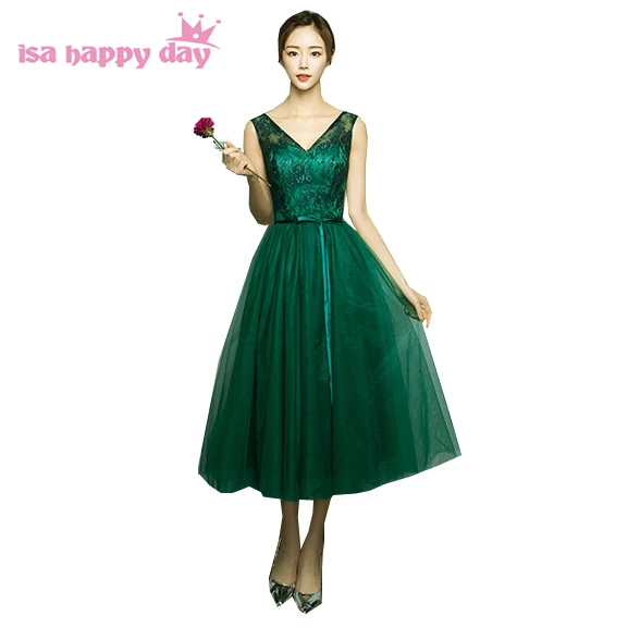 V Neck Elegant Bridesmade Tulle Tea Length Bridesmaid S Dress Dark V Neck Elegant Bridesmade Tulle Tea Length Bridesmaid S Dress Dark Green Bridesmaids Ball Gown Dresses For Wedding H4110 In From Weddings