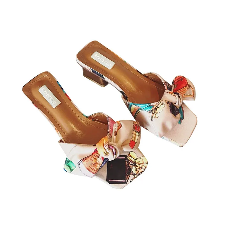 Bowtie Chunky Sandals Low Heel Slippers Open Toe Heels Pumps Floral Print Slides Bow Satin Shoes Kawaii Cute Purple Pink Women