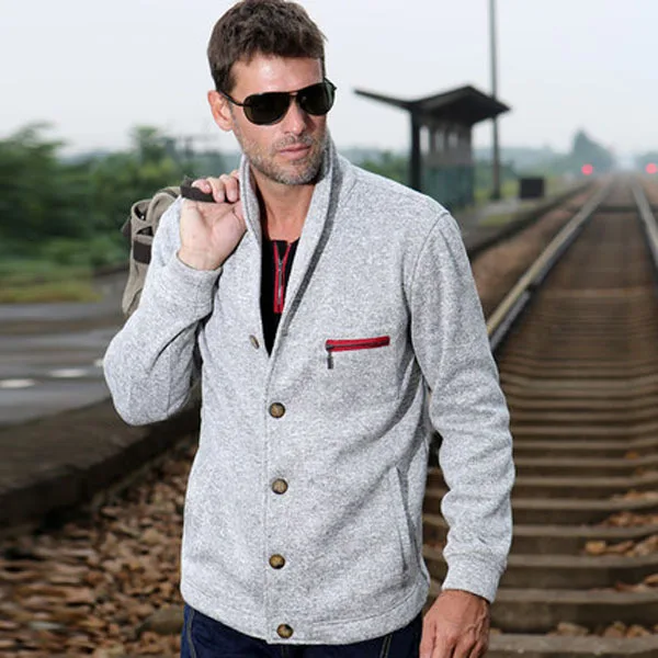 Autumn Winter Mens Grey Casual Knit Suit Jacket Single Breasted Turn Down Collar Hit Color