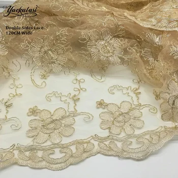 

Allover Golden Embroidered Lace Fabric Tulle Lace Gold Metallic Fabric for Women's Dress 120cm
