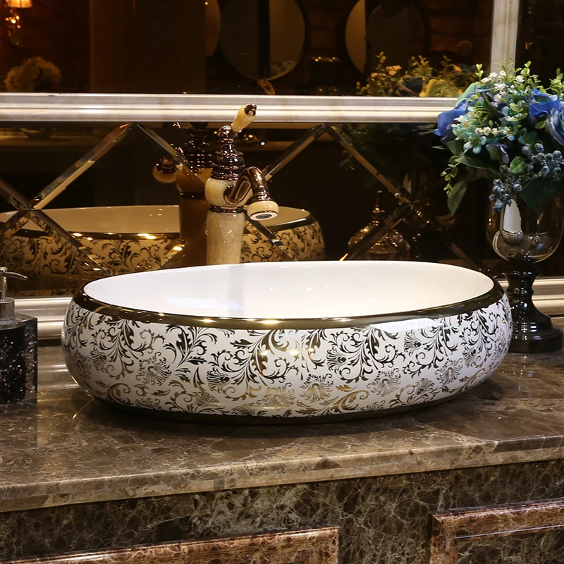 

Europe style chinese Jingdezhen Art Counter Top ceramic bathroom vessel sink wash basin oval shape gold pattern