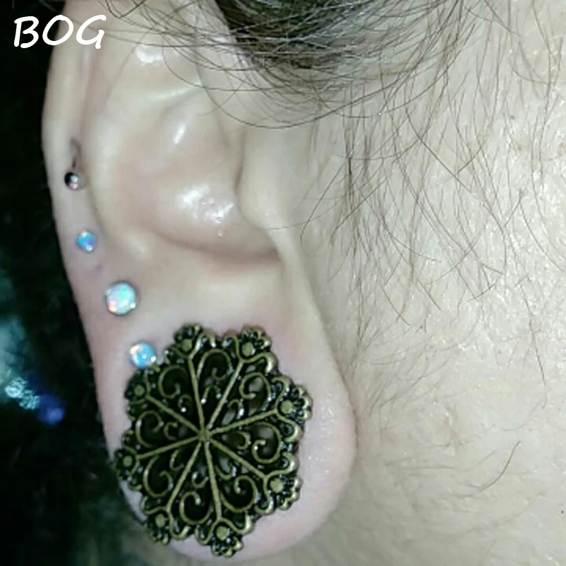 Pair Antique Brass Snow Flake Single Flared Ear Tunnel Plugs Gauges