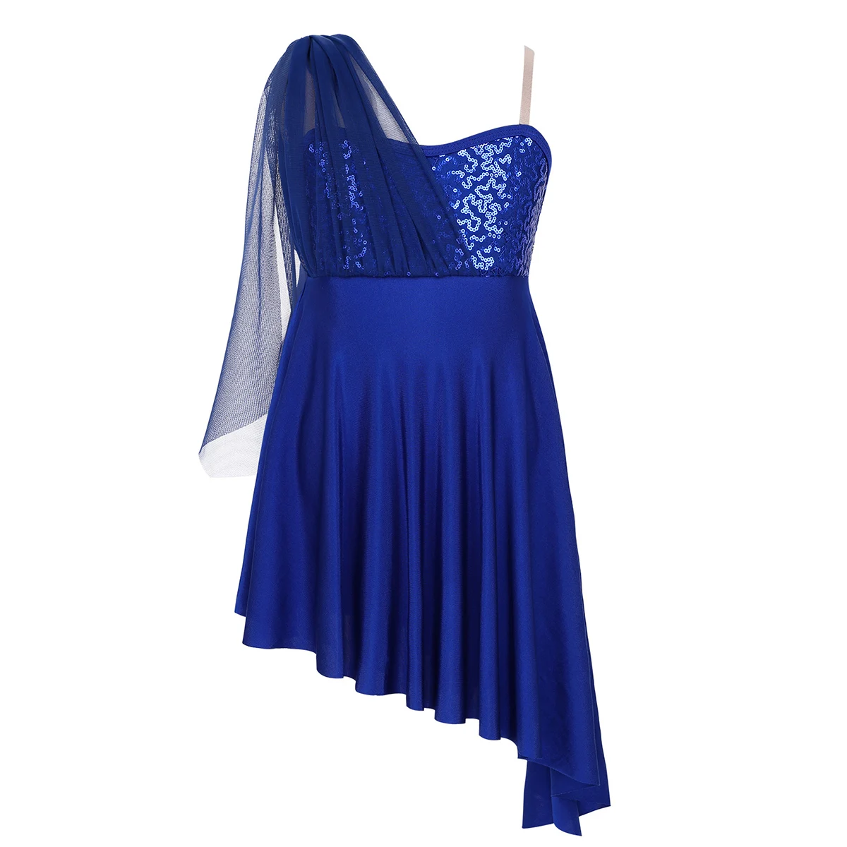 Балетное трико с блестками для девочек, с разрезом сбоку, с асимметричным подолом, для катания на коньках, современное танцевальное платье, Детские лирические современные танцевальные костюмы - Цвет: Blue