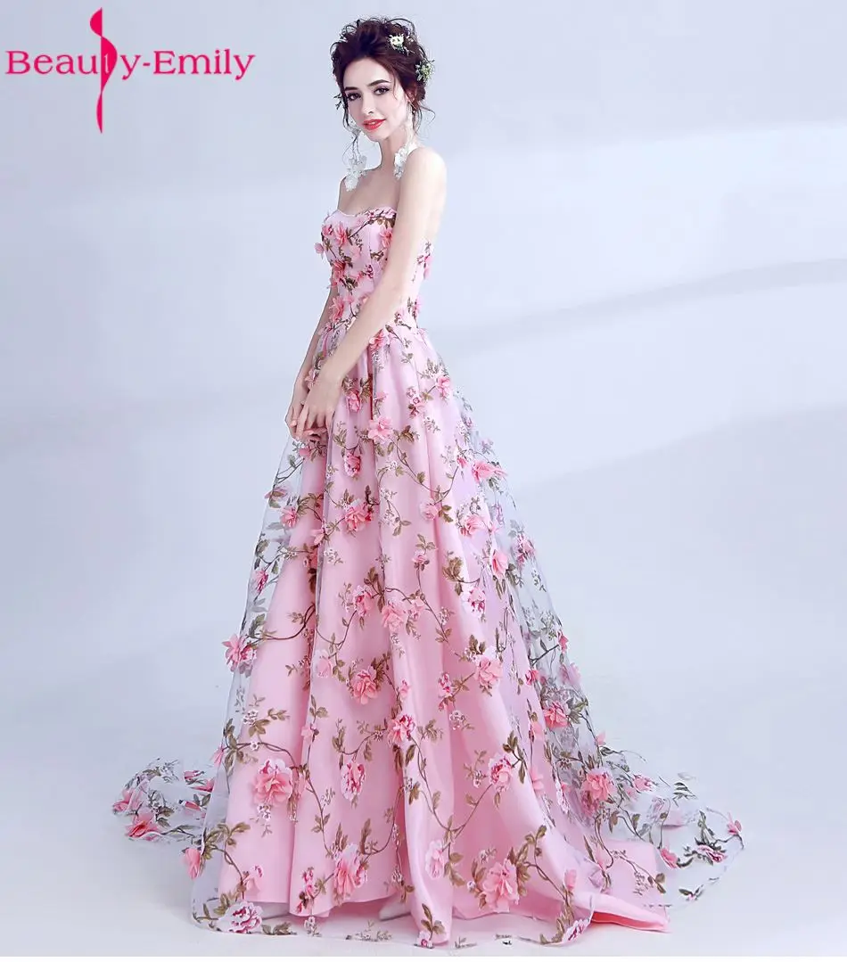 Beauty Emily Pink Sexy Chiffon Long Flower Evening Dresses 2018 Plus Size A-Line Formal Party Prom Dresses vestido de noite Beauty Emily Pink Sexy Chiffon Long Flower Evening Dresses 2018 Plus Size A-Line Formal Party Prom Dresses vestido de noite