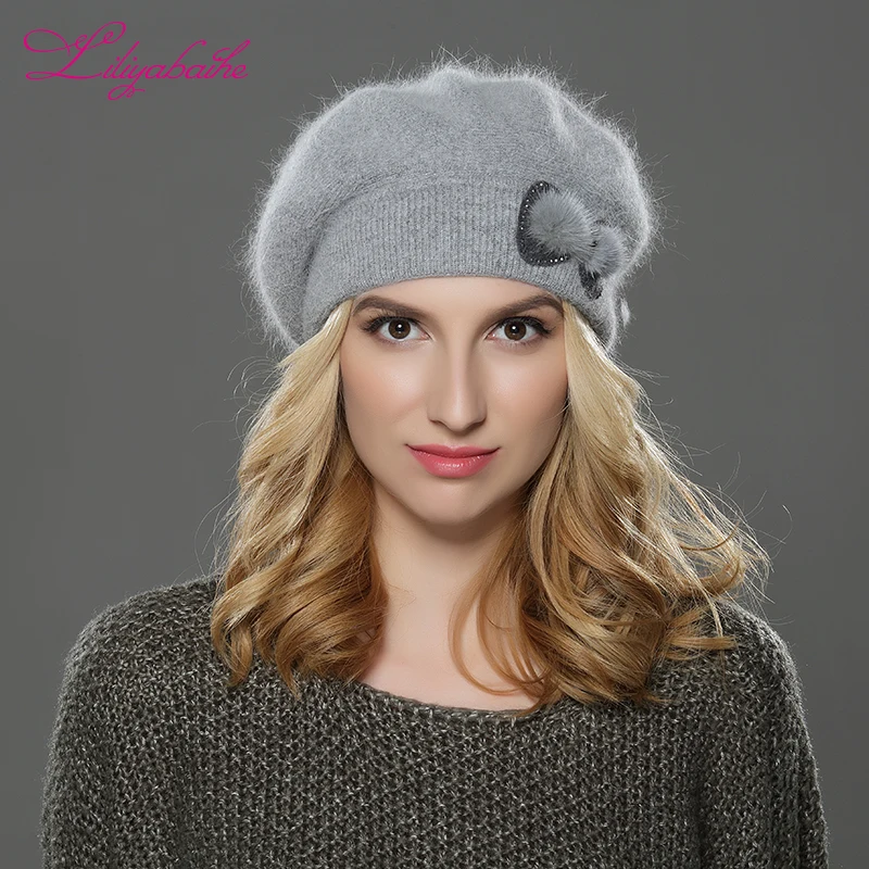 

LILIYABAIHE NEW winter Women beret hat knitted wool angora beret Simple and stylish mink flower decoration cap Double warm hat