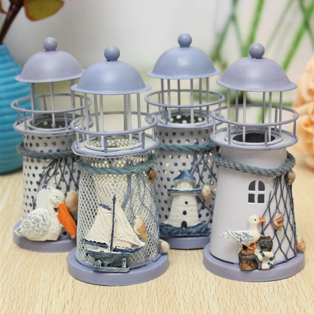Nautical Marine Iron Tealight Holder Mediterranean Style Lighthouse Nautical Fish Net Shell Buoy Decor