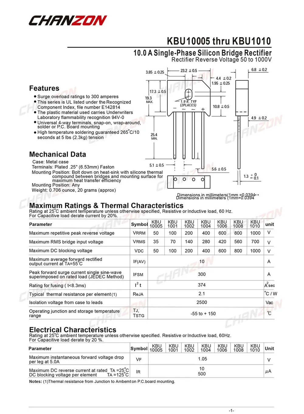 10 шт. KBU1010 мостовой выпрямитель диод 10A 1000 В KBU-4(SIP-4) однофазный полный волновой 10 ампер 1000 Вольт KBU 1010 кремния