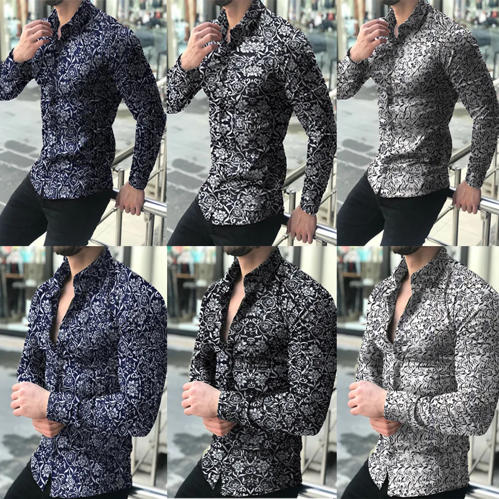 

2019 Brand New Fashion Men's Casual Printed Floral Long Sleeve Button shirt Top Blouse M-5XL chemise homme #50