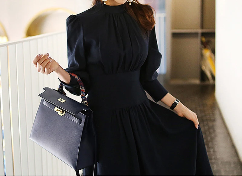 Dark Blue Stand Collar Lantern Sleeve A-line Office Dress