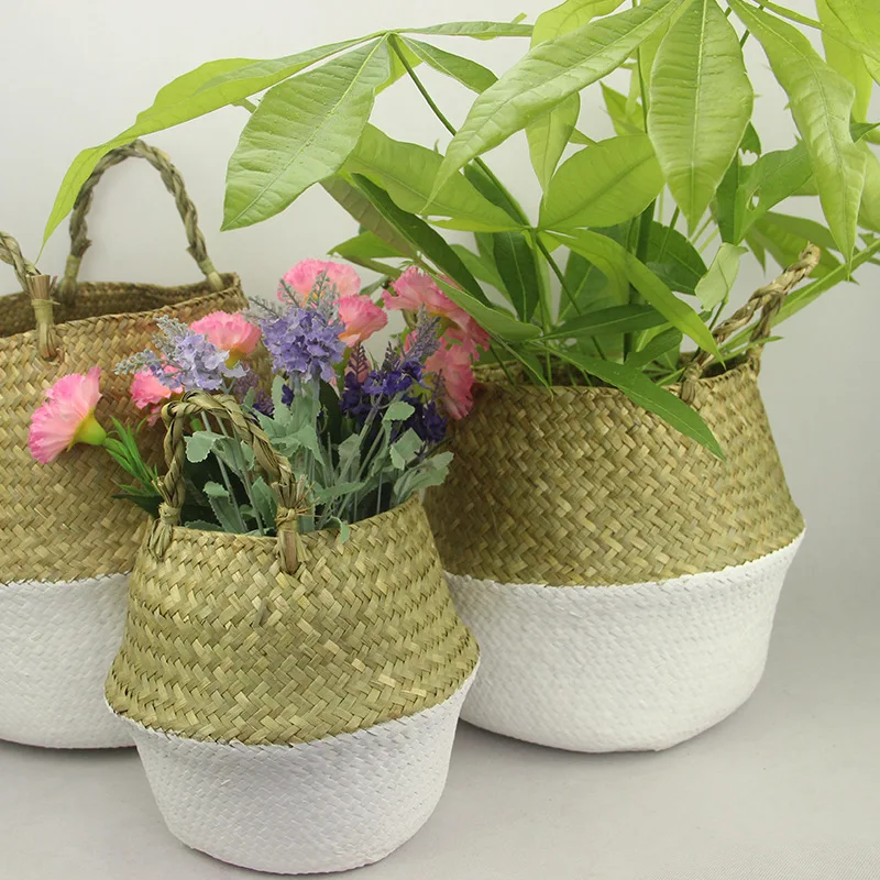 

Nordic Style Seaweed Weaving Belly Flower Pot Storage Bag Baskets Hanging Flowerpot Plant Color Smear Art Home Decor Handmade