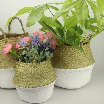 

Nordic Style Seaweed Weaving Belly Flower Pot Storage Bag Baskets Hanging Flowerpot Plant Color Smear Art Home Decor Handmade