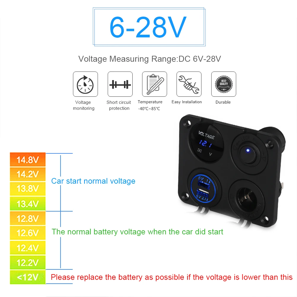 Двойной Переходник USB для зарядки в машине прикуриватель светодиодный цифровой переключатель вольтметра 12 В розетка 4 переключатель отверстия панель