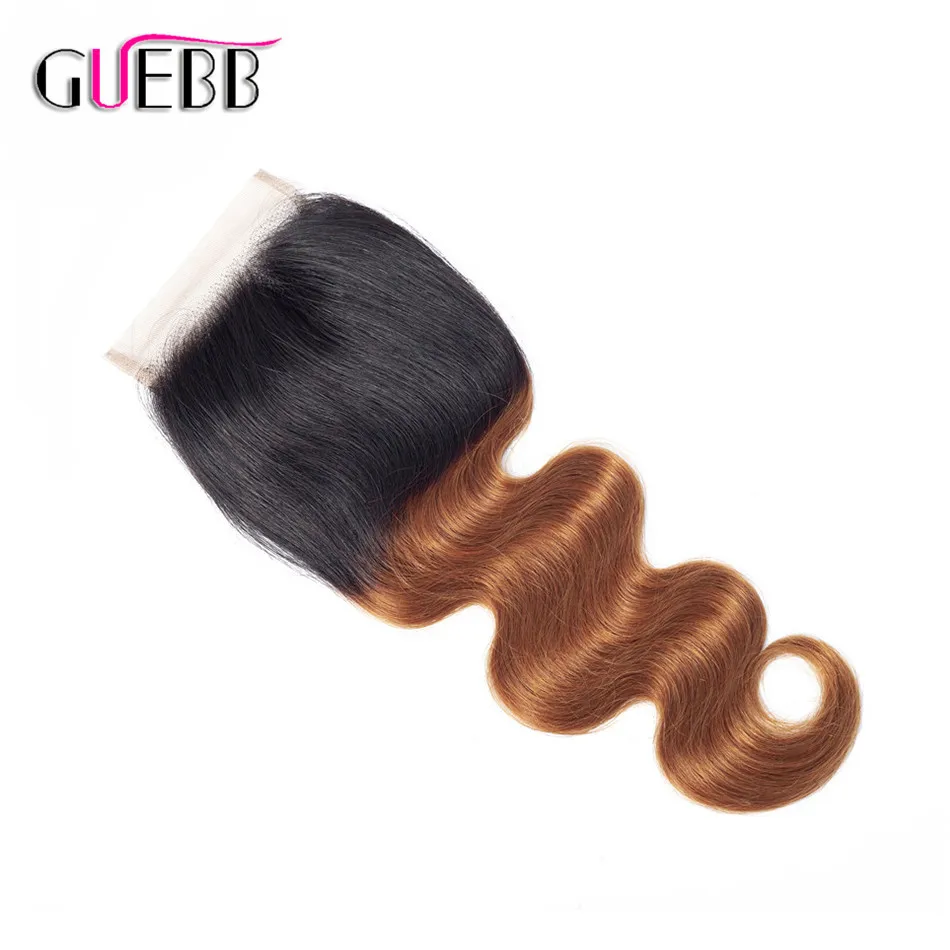 GUEBB перуанские объемные локоны переливчатого цвета#1B/30 4*4 закрытие шнурка не Реми человеческие волосы 8-22 дюймов /Средняя/три части