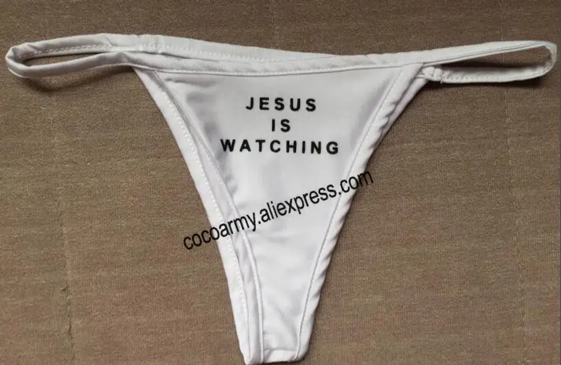 Киска напечатанная JESUS IS WATCHING V-string Thong Brief, нижнее белье Танга женские трусики coton женские бесшовные трусики - Цвет: Белый