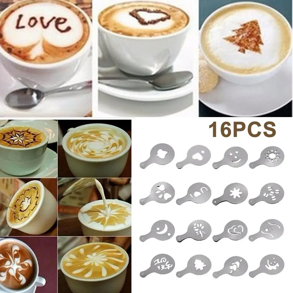 

16Pcs DIY Coffee Latte Cappuccino Mold Art Baking Stencils Template Dusting Pad for Coffee Decoration Kitchen Art Baking Tools