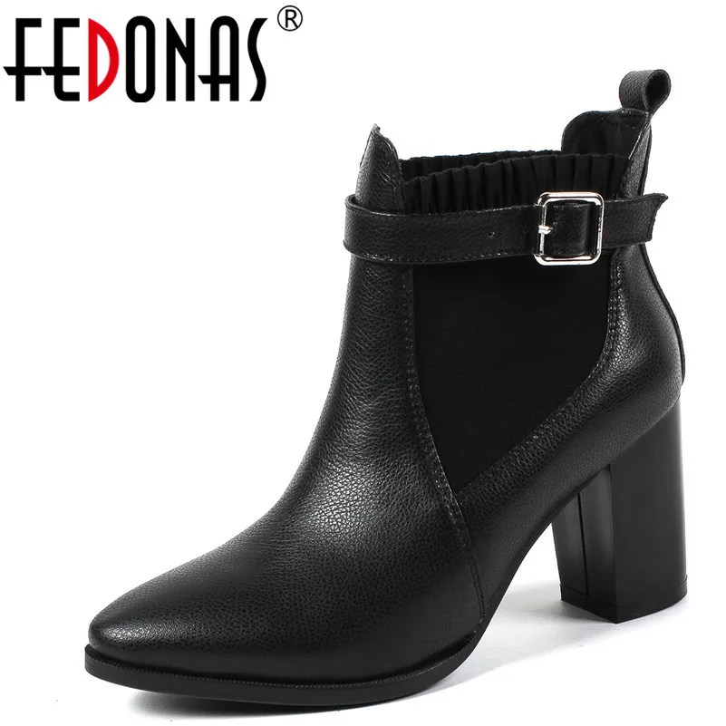 

FEDONAS New Women Ankle Boots Genuine Leather Autumn Winter Warm High Heels Shoes Woman Pointed Toe Office Buckles Basic Pumps