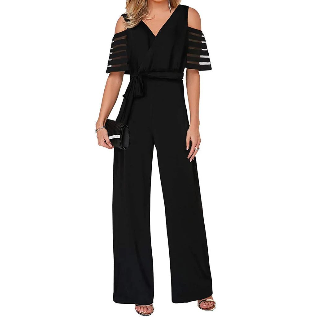 

Women Pleated Sexy V Neck Jumpsuits Fall Surplice Front Sleeveless Waist With Cold Shoulders Solid Color Wide Leg Jumpsuit 5.10