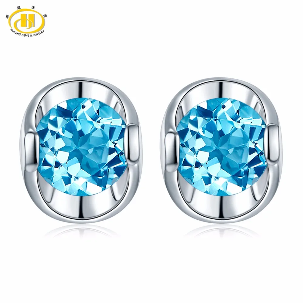 

Hutang Round 5.0mm Genuine Swisss Blue Topaz Stud Earrings Solid 925 Sterling Silver Gemstone Jewelry Simply Style Women Gift