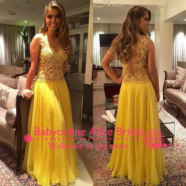 Fashion Design Illusion cou une ligne en mousseline de soie jaune robe de soirée en dentelle