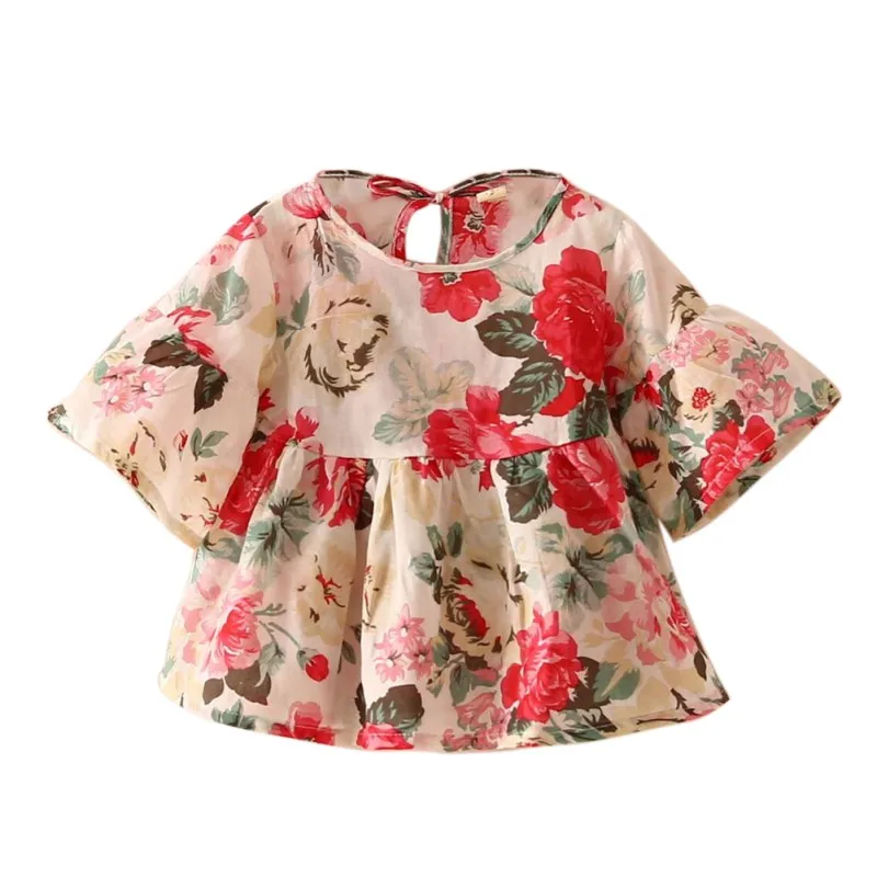 Платье для маленьких девочек, рубашки для девочек, детские топы в стиле ретро с цветочным принтом и расклешенными рукавами и круглым вырезом для девочек, вечерние блузки с оборками - Цвет: as picture