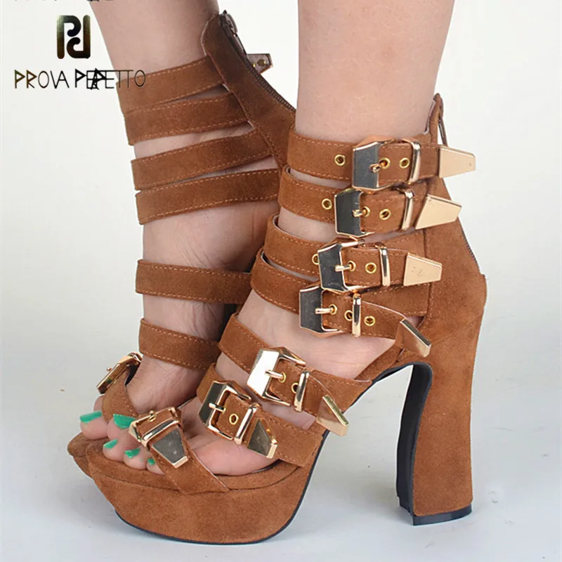 

Prova Perfetto 2018 New Cow Leather Buckle Strap Sandals Hollow out Platform Open Toe Sexy Sandals High Heels Night Club Shoes